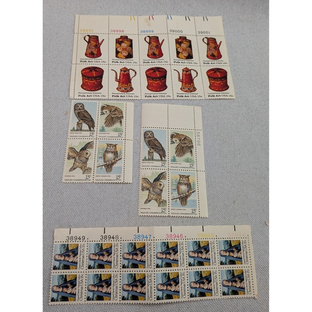 USPS Vintage 15c Stamp Lot Owls Folk Art Christmas Plate Blocks Excellent Multi